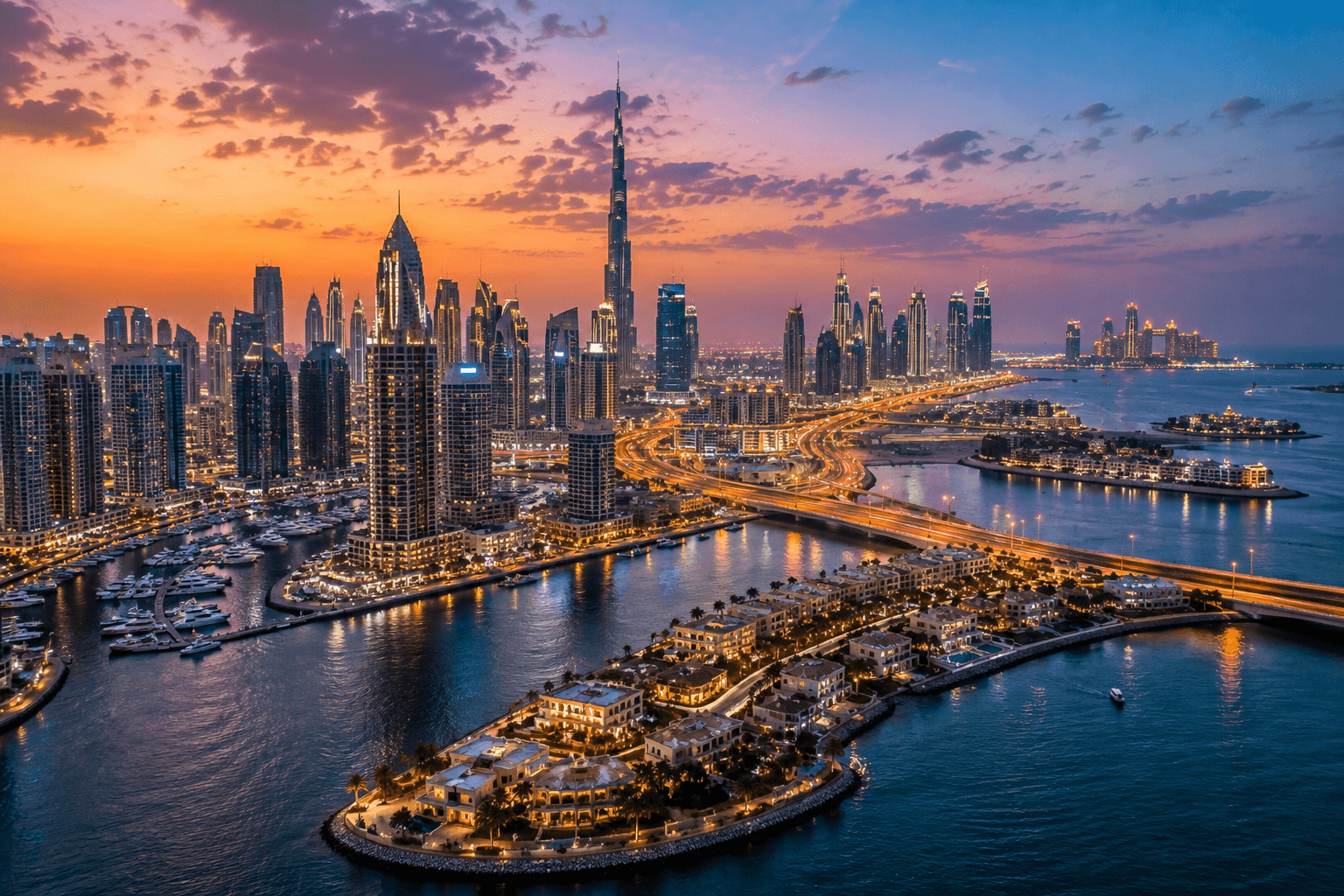 The Dubai skyline rising above the coast.