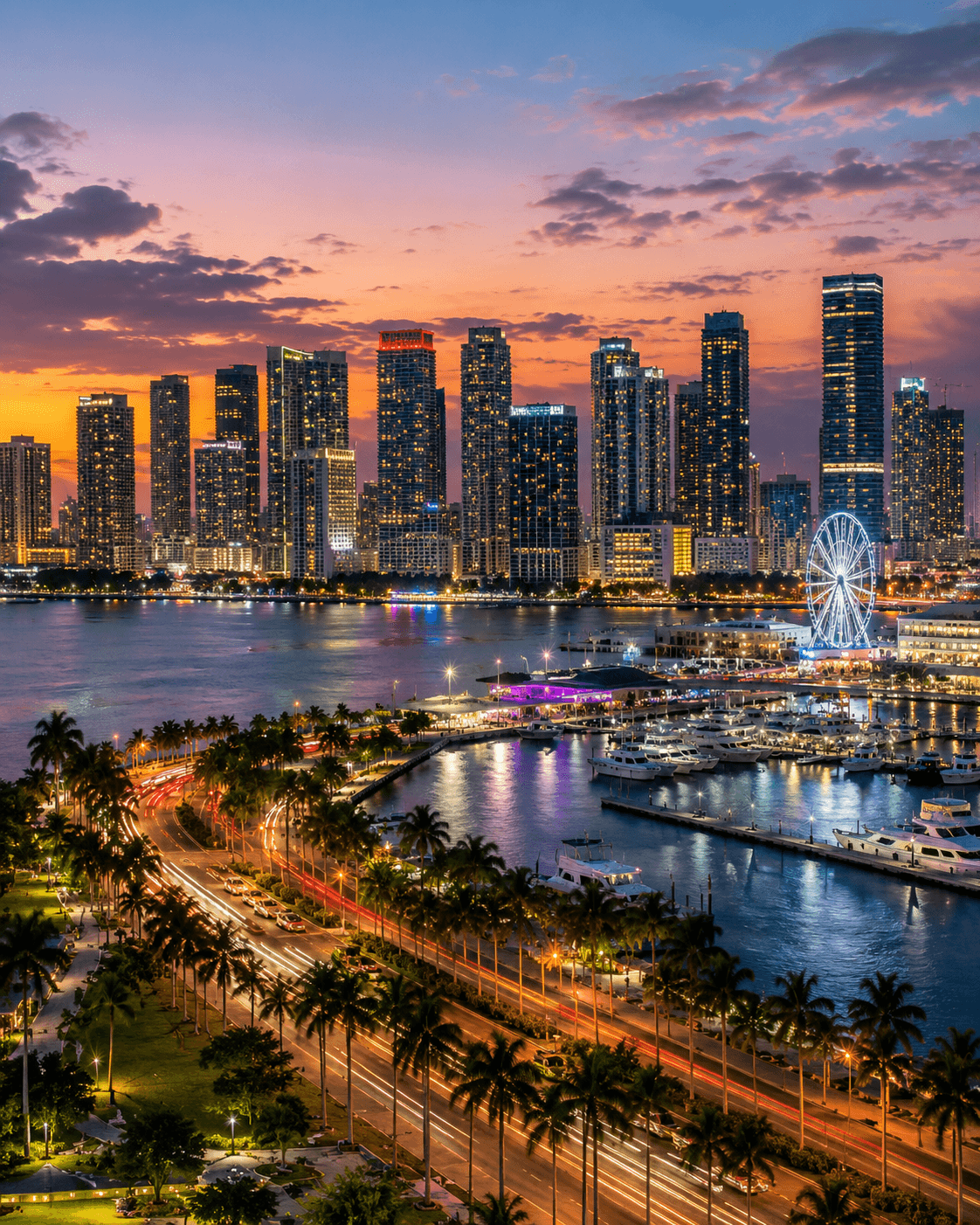 The Miami waterfront and beachfront skyline.
