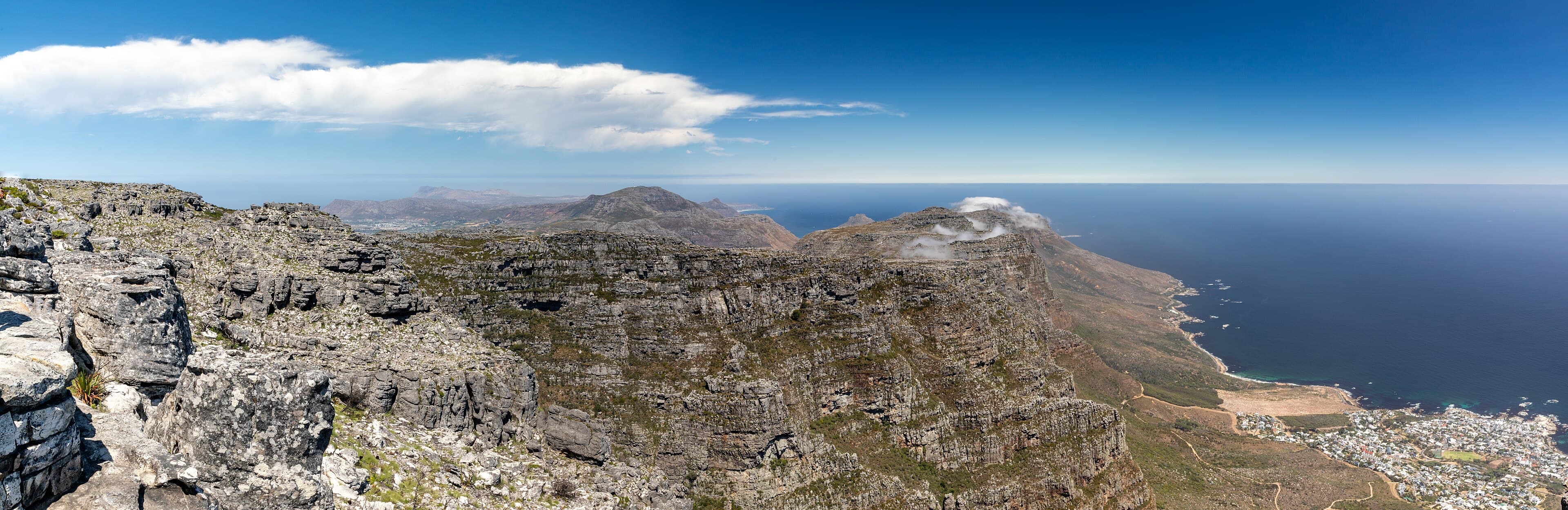 Table Mountain rising above Cape Town and the Atlantic coastline.
